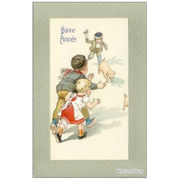 CPA Bonne Anne illustre en relief enfant cochon