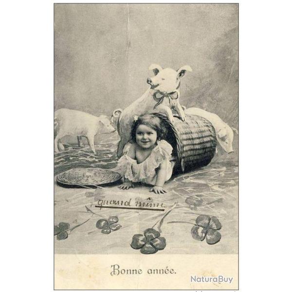 CP Bonne Anne enfant cochon chance 1907