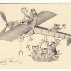 CPA illustrée Bonne Année Avion Chat Chance Trèfle