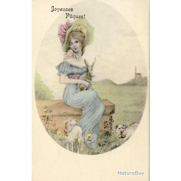 CPA illustre SMITH Joyeuses Pques mouton lapin
