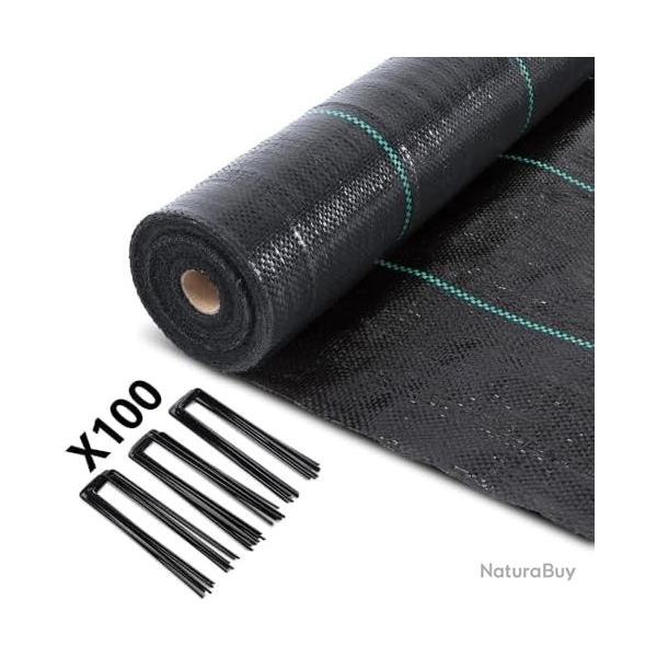 Toile de Paillage avec 100pcs de Piquets Contre Les Mauvais Herbes 50Mx2M Fibres de Polypropylne