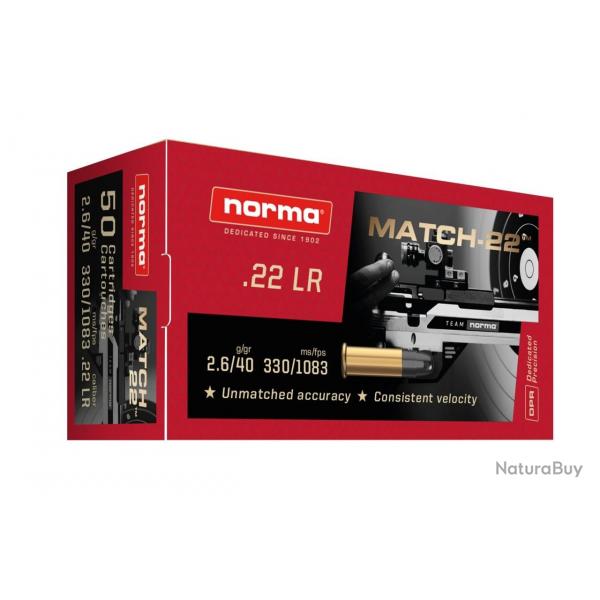 Cartouches Norma 22LR 2.6/40gr Match-22 LRN