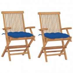 Chaises de jardin avec coussins bleu lot de 2 Bois teck massif