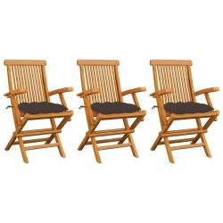 Chaises de jardin avec coussins taupe lot de 3 Bois teck massif