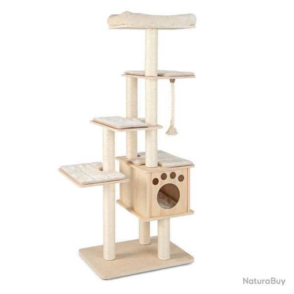 Arbre à chat en bois 170 cm perchoir condo tour à chat coussin amovible poteaux à gratter en sisal