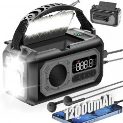 Radio Solaire Urgence à Manivelle Batterie 12000mAh 2 Panneaux Solaires USB Météo Boussole SOS