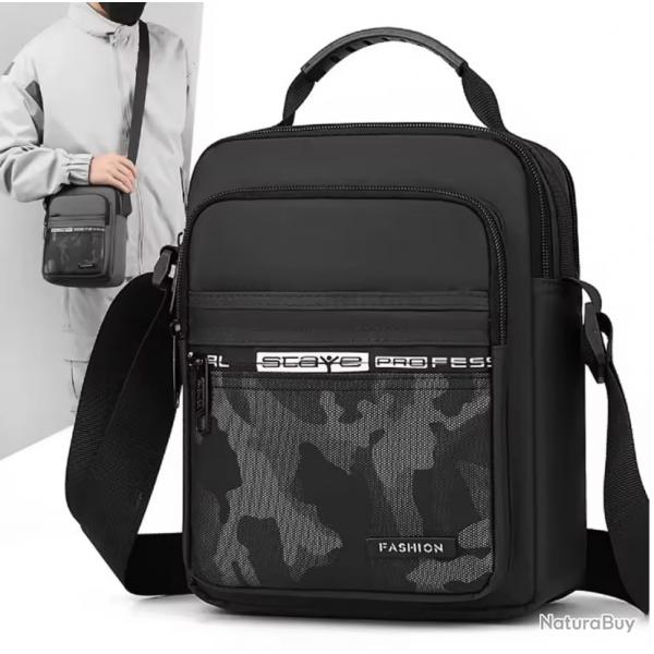 Sac Sacoche Bandoulire Nylon Oxford Unisexe Multi-Poches Bureau Sport Noir Camouflage