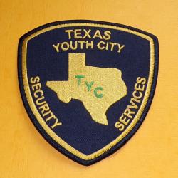 TISSU PATCH : TEXAS YOUTH CITY , SECURITY SERVICES , DIMENSION VOIR PHOTOS, BON ETAT VOIR PHOTOS . P