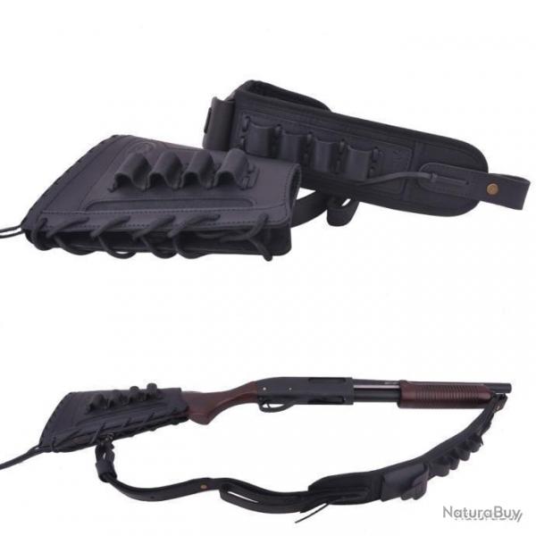 BUSC + BRETELLE CARTOUCHIRE 100% CUIR CALIBRE 16 - 8 EMPLACEMENTS - NOIR - LIVRAISON GRATUITE