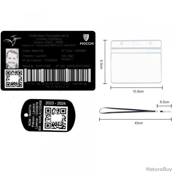 Licence de tir + Port cl TAG militaire en aluminium grav au laser (Recto) + Porte badge tour de c