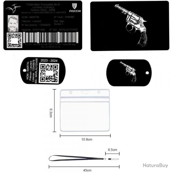 Licence de tir + Port cl TAG militaire en aluminium grav au laser (Recto / Verso) + Porte badge t