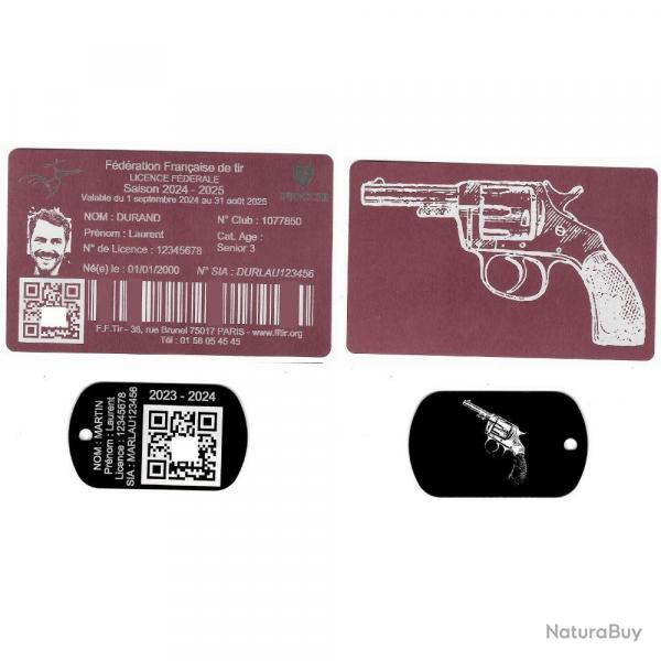 Licence de tir aluminium rose + Port cl TAG militaire en aluminium grav au laser (Recto / Verso)