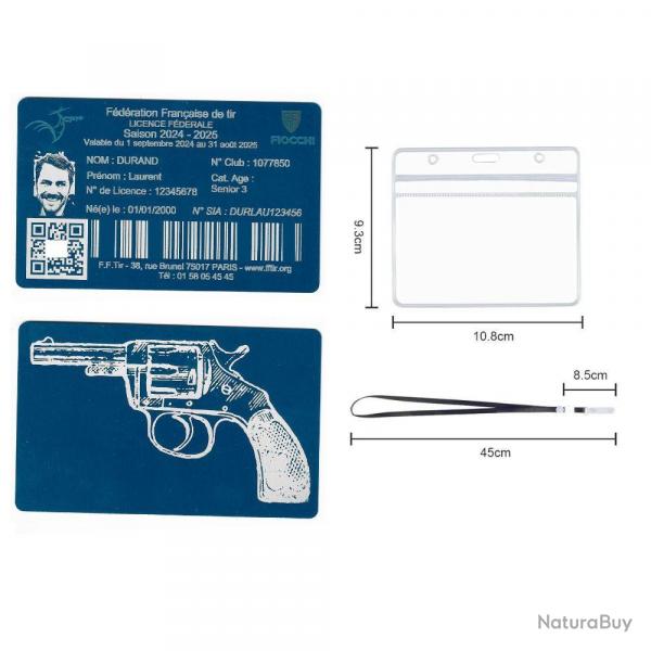 Licence de tir en aluminium bleu grav au laser (Recto / Verso) + Porte badge tour de cou