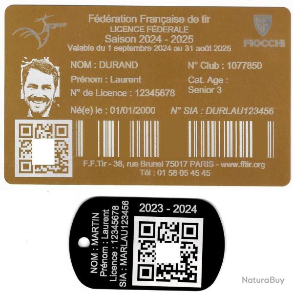 Licence de tir aluminium dor + Port cl TAG militaire en aluminium grav au laser (Recto)