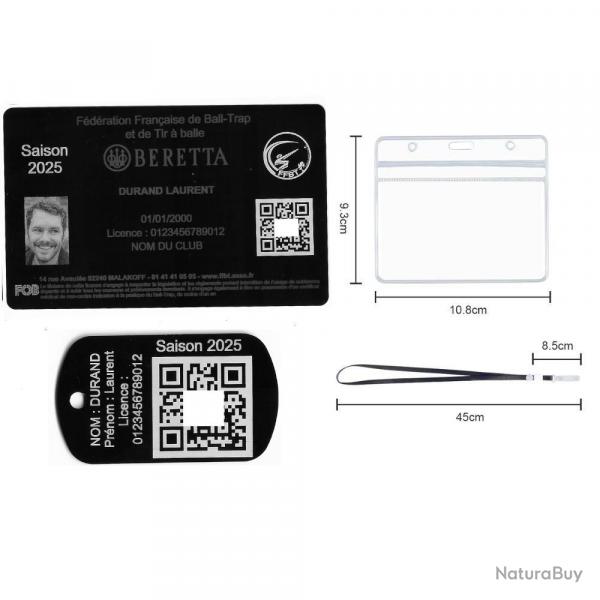 Licence de tir FFBT + Port cl TAG militaire en aluminium grav au laser (Recto) + Porte badge tour