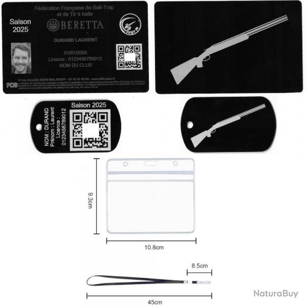 Licence de tir FFBT + Port cl TAG militaire en aluminium grav au laser (Recto / Verso) + Porte ba