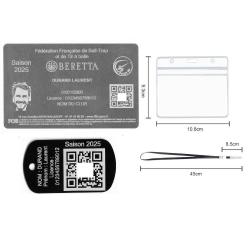 Licence de tir FFBT argenté + Porté clé TAG militaire en aluminium gravé au laser (Recto) + Porte ba
