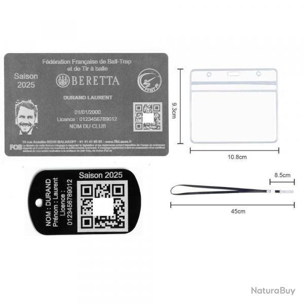Licence de tir FFBT argent + Port cl TAG militaire en aluminium grav au laser (Recto) + Porte ba
