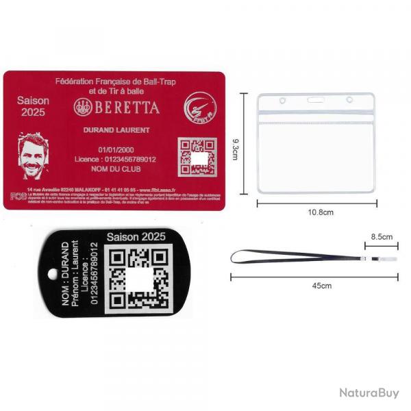 Licence de tir FFBT rouge + Port cl TAG militaire en aluminium grav au laser (Recto) + Porte badg