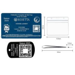 Licence de tir FFBT bleu + Porté clé TAG militaire en aluminium gravé au laser (Recto) + Porte badge