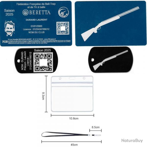 Licence de tir FFBT bleu + Port cl TAG militaire en aluminium grav au laser (Recto / Verso) + Por