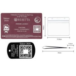 Licence de tir FFBT rose + Porté clé TAG militaire en aluminium gravé au laser (Recto) + Porte badge