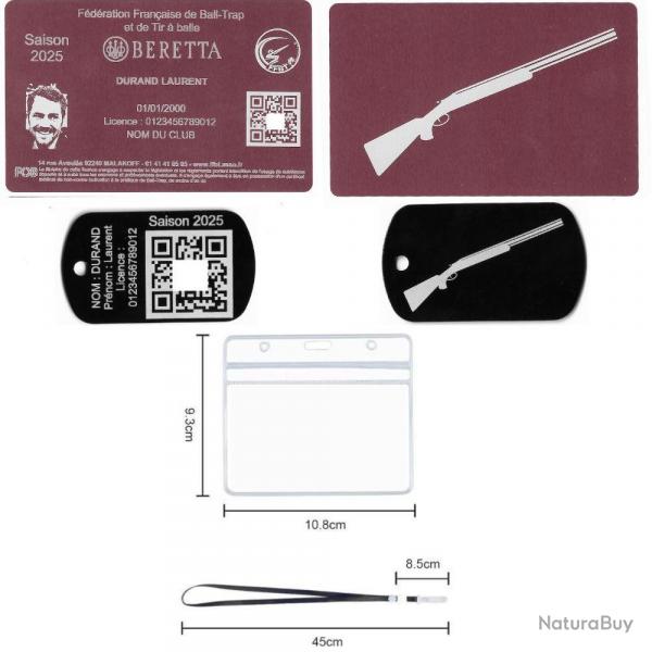 Licence de tir FFBT rose + Port cl TAG militaire en aluminium grav au laser (Recto / Verso) + Por