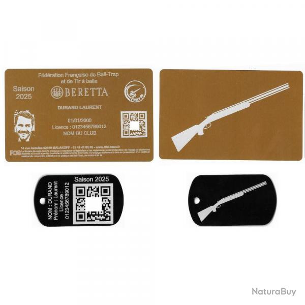 Licence de tir FFBT dor + Port cl TAG militaire en aluminium grav au laser (Recto / Verso)