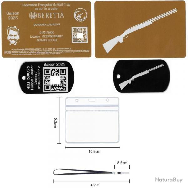 Licence de tir FFBT dor + Port cl TAG militaire en aluminium grav au laser (Recto / Verso) + Por