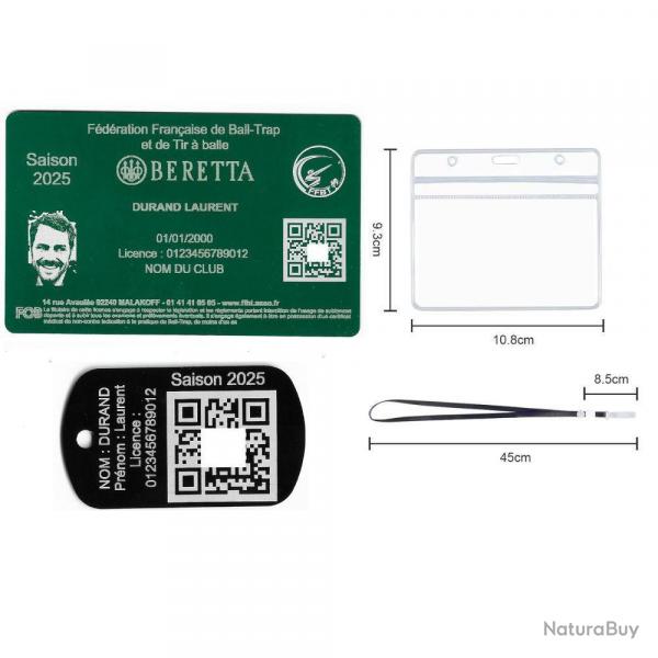 Licence de tir FFBT vert + Port cl TAG militaire en aluminium grav au laser (Recto) + Porte badge