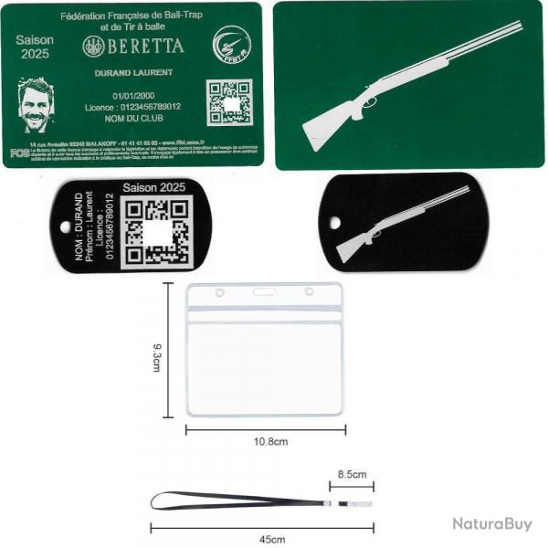 Licence de tir FFBT vert + Port cl TAG militaire en aluminium grav au laser (Recto / Verso) + Por
