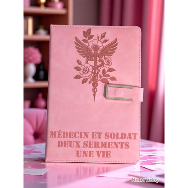 Carnet militaire en cuir pu rose caduce : Medecin et soldat - insigne arme