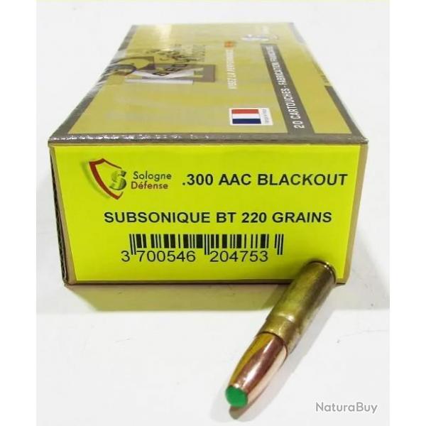 Munitions SOLOGNE calibre 300 AAC Blackout Subsonique Nosler BT 220gr - 14.3g x20