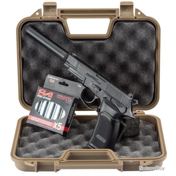 Pack airsoft Bersa Thunder 9 CO2 + mallette + 5 cartouches de CO2 + silencieux