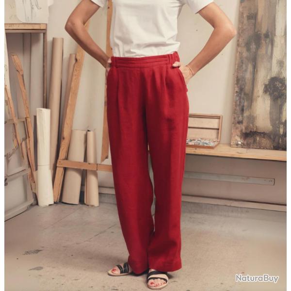Pantalon fluide femme en pur lin S (small) rouge profond