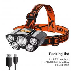 ENCHERE Lampe Frontale Puissante 5 Leds Rechargeable