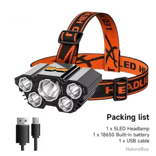 TOP ENCHERE Lampe Frontale Puissante 5 Leds Rechargeable