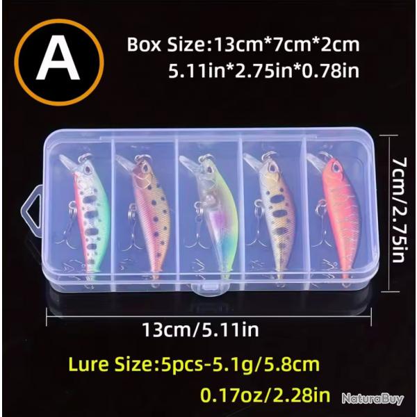 Lot de 5 Leurres de pche Jerkbaits 5.1G Coloris au choix