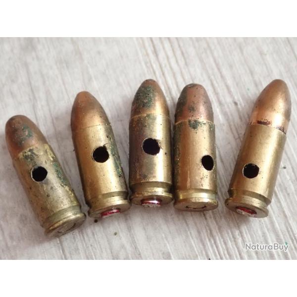 Lot de 5 cartouches, munitions, neutralises, calibre 9 mm.
