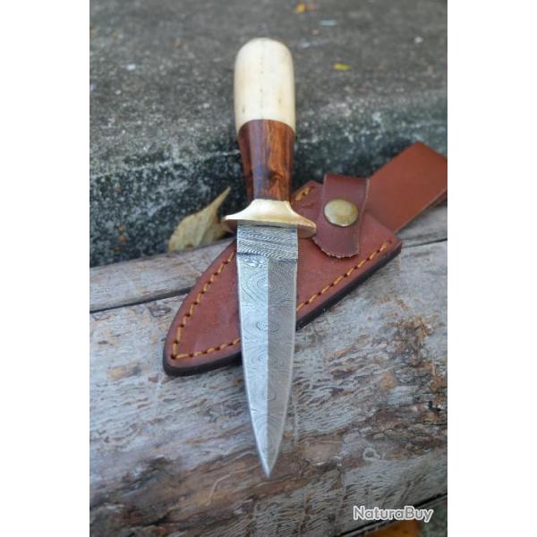 Poignard Couteau Dague Vertue Lame Acier Damas 256 Couches Manche Bois&Os Etui Cuir Fab Artisanale