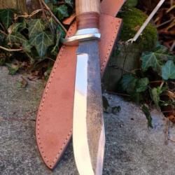 Poignard Bowie Couteau Chasseur Ours Lame Acier Carbone 1075 Manche Cuir Etui Cuir Fab Artisanale01