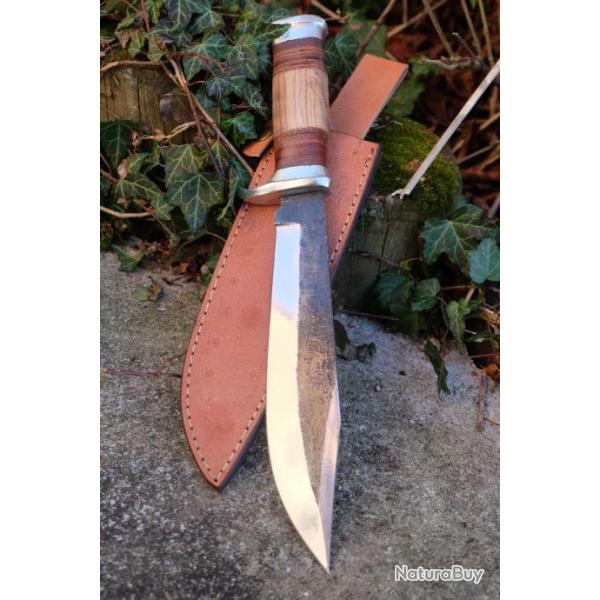 Poignard Bowie Couteau Chasseur Ours Lame Acier Carbone 1075 Manche Cuir Etui Cuir Fab Artisanale01