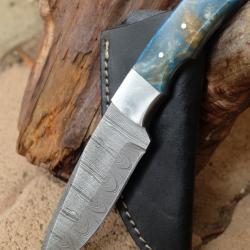 Skinner Couteau de Chasse Damas Lame 256 Couches Manche Voie Lactée Fabr Artisanale Etui Simili Cuir