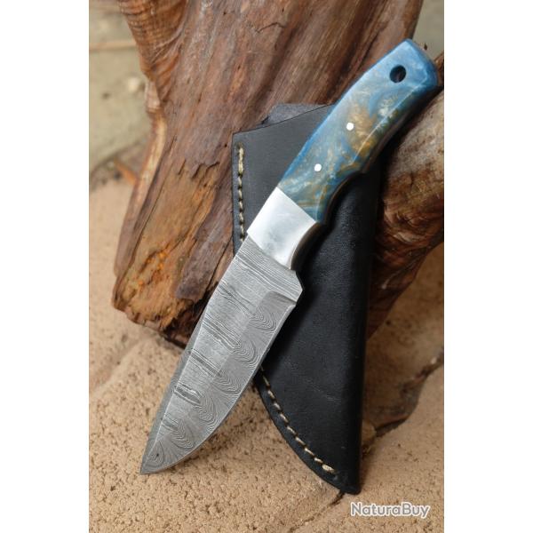 Skinner Couteau de Chasse Damas Lame 256 Couches Manche Voie Lacte Fabr Artisanale Etui Simili Cuir