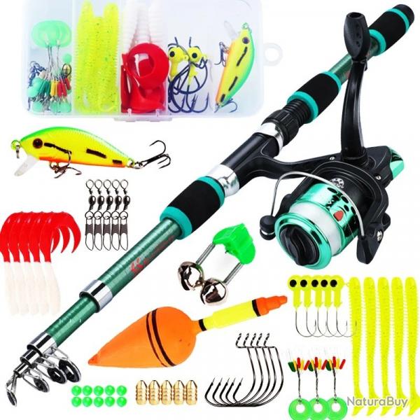 Kit Complet Canne  Pche Tlescopique Moulinet Accessoires et Leurres 1.80m Frein de 5 Kg Vert