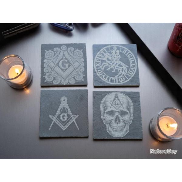 Lot de 4 sous-verres en ardoise Symboles Maonniques sceau des templiers blason franc-maconnerie