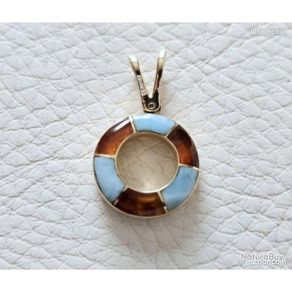 Joli pendentif en or massif 14 carats - bleu et ocre
