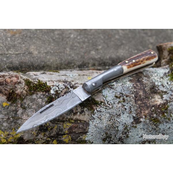 Beau Couteau Grand-Pre Vendetta Lame & Mitres Damas 128 Couches Manche Bois De Cerf Fabr Artisan