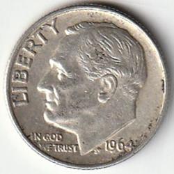 Pièce de Monnaie USA 10 cents "Roosevelt Dime" argent 1964