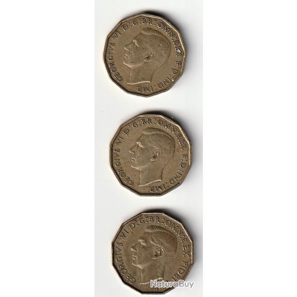 Lot de Pices de Monnaie  ROYAUME-UNI Three Pence 1942 1945 1952 1953 1957